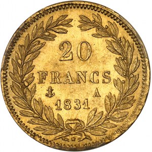Louis-Philippe Ier (1830-1848). 20 francs tête nue, tranche en creux 1831, A, Paris.