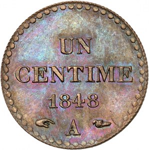 IIe République (1848-1852). Essai de un centime Dupré à la tranche cordonnée (striures obliques) 1848, A, Paris.