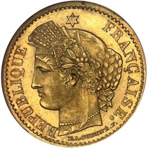 IIe République (1848-1852). Épreuve de 20 centimes Cérès en Or, sans atelier ni différents, Flan bruni (PROOF) 1849, A, Paris.