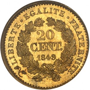 IIe République (1848-1852). Épreuve de 20 centimes Cérès en Or, sans atelier ni différents, Flan bruni (PROOF) 1849, A, Paris.
