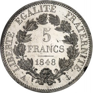 IIe République (1848-1852). Essai de 5 francs, concours de Caunois, Frappe spéciale (SP) 1848, Paris.
