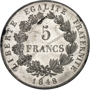 IIe République (1848-1852). Essai de 5 francs, concours de Dieudonné, Frappe spéciale (SP) 1848, Paris.