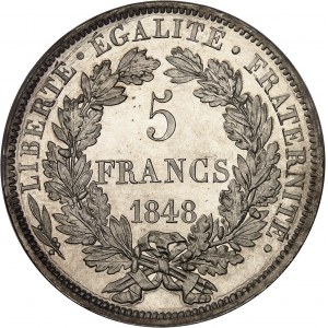 IIe République (1848-1852). Essai de 5 francs, concours de Oudiné, Frappe spéciale (SP) 1848, A, Paris.