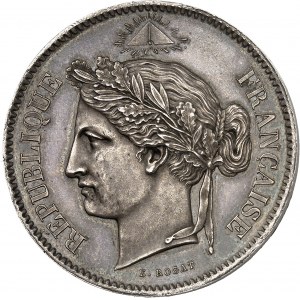 IIe République (1848-1852). Essai de 5 francs, concours de Rogat, en argent, tranche lisse 1848, Paris.