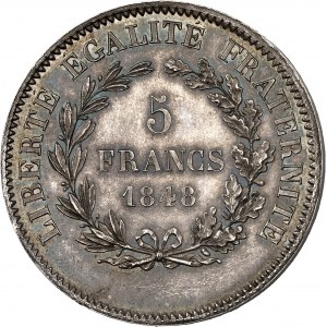 IIe République (1848-1852). Essai de 5 francs, concours de Rogat, en argent, tranche lisse 1848, Paris.