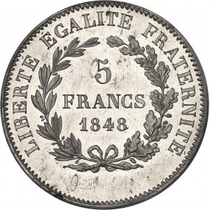 IIe République (1848-1852). Essai de 5 francs, concours de Rogat, Frappe spéciale (SP) 1848, Paris.