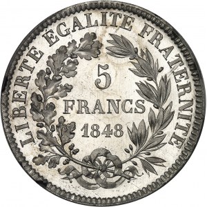 IIe République (1848-1852). Essai de 5 francs, concours de Tournier, Frappe spéciale (SP) 1848, Paris.