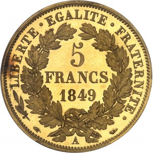 IIe République (1848-1852). Épreuve de 5 francs Cérès en Or, Frappe spéciale (SP) 1849, A, Paris.