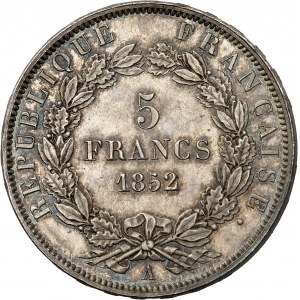 IIe République (1848-1852). 5 francs J. J. BARRE, 2e épreuve, tranche en relief 1852, A, Paris.