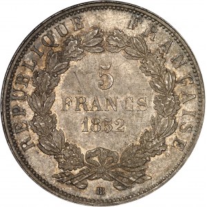 IIe République (1848-1852). 5 francs Louis-Napoléon Bonaparte 1852, BB, Strasbourg.
