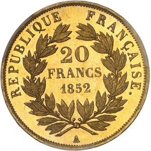 IIe République (1848-1852). 20 francs Louis-Napoléon Bonaparte, Flan bruni (PROOF) 1852, A, Paris.