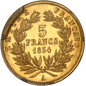 Second Empire / Napoléon III (1852-1870). 5 francs tête nue petit module, tranche cannelée 1854, A, Paris.