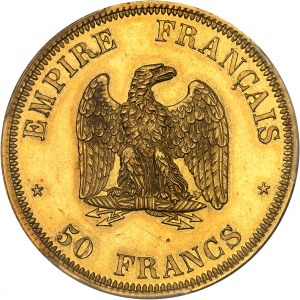 Second Empire / Napoléon III (1852-1870). Essai de frappe de 50 francs tête nue, Frappe spéciale (SP) 1854, Paris.
