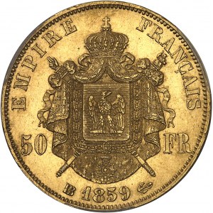 Second Empire / Napoléon III (1852-1870). 50 francs tête nue 1859, BB, Strasbourg.