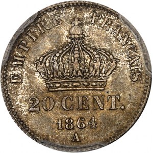 Second Empire / Napoléon III (1852-1870). 20 centimes, tête laurée, petit module 1864, A, Paris.