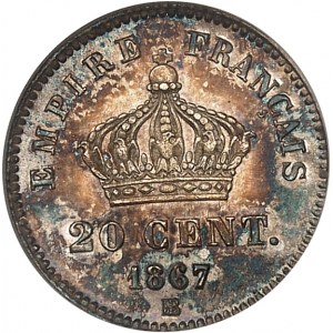 Second Empire / Napoléon III (1852-1870). 20 centimes, tête laurée 1867, BB, Strasbourg.