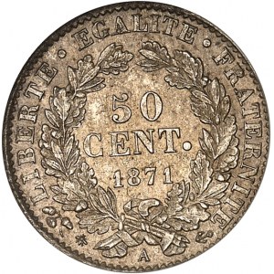 Gouvernement de Défense Nationale (1870-1871). 50 centimes Cérès 1871, A, Paris.