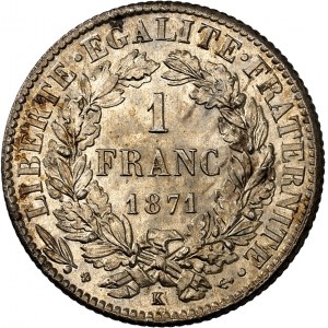 Gouvernement de Défense Nationale (1870-1871). 1 franc Cérès 1871, K, Bordeaux.