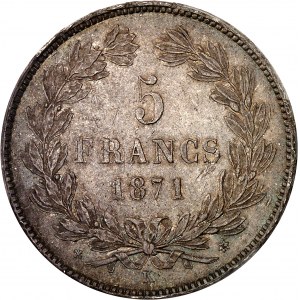 Gouvernement de Défense Nationale (1870-1871). 5 francs Cérès sans légende 1871, K, Bordeaux.