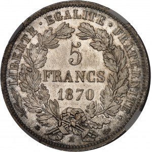 Gouvernement de Défense Nationale (1870-1871). 5 francs Cérès, avec légende 1870, A, Paris.