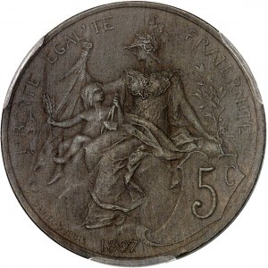 IIIe République (1870-1940). Présérie de 5 centimes Daniel-Dupuis, flan mat, Frappe spéciale (SP) 1897, Paris.