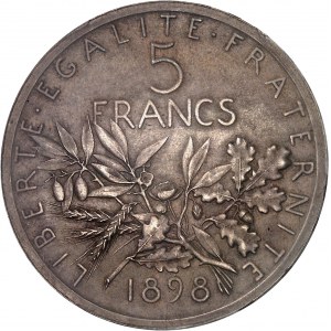 IIIe République (1870-1940). Essai de 5 francs Semeuse, flan mat, Frappe spéciale (SP) 1898, Paris.