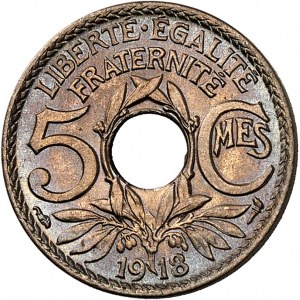 IIIe République (1870-1940). 5 centimes, Lindauer, grand module 1918, Paris.