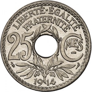 IIIe République (1870-1940). 25 centimes Lindauer, Cmes souligné 1914, Paris.