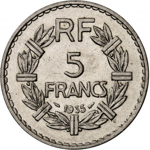 IIIe République (1870-1940). 5 francs Lavrillier en nickel 1935, Paris.