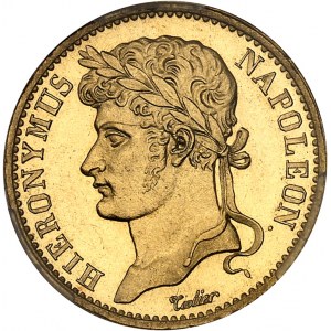 Westphalie, Jérôme Napoléon (1807-1813). Essai de 20 franken Or, Flan bruni (PROOF) 1808, J, Paris.