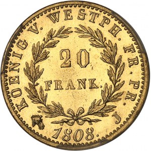 Westphalie, Jérôme Napoléon (1807-1813). Essai de 20 franken Or, Flan bruni (PROOF) 1808, J, Paris.