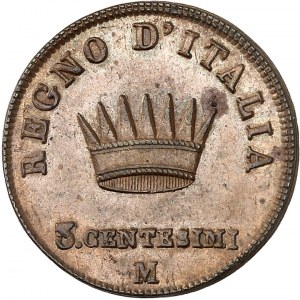 Milan, royaume d’Italie, Napoléon Ier (1805-1814). 3 centesimi 1810/09, M, Milan.