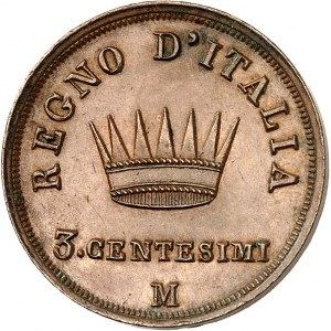 Milan, royaume d’Italie, Napoléon Ier (1805-1814). 3 centesimi 1813, M, Milan.