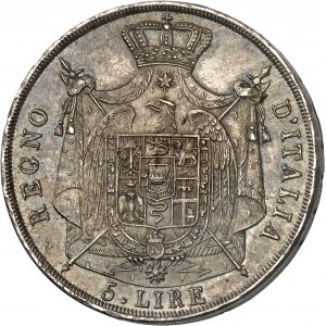 Milan, royaume d’Italie, Napoléon Ier (1805-1814). 5 lire, 2e type avec tranche en creux 1813, M, Milan.