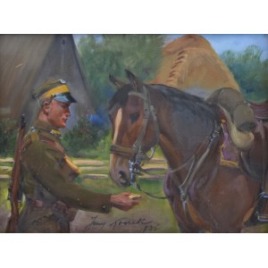 Jerzy KOSSAK (1886-1955), Lancer feeding a horse, 1936
