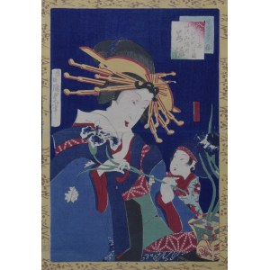 Utagawa KUNISADA II (1823-1880), kurtizána z Edomachi aranžujúca kvety kosatca zo série Ikiutsushi bijin kurabe