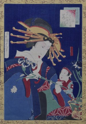 Utagawa KUNISADA II (1823-1880), Kurtyzana Edomachi układająca kwiaty irysów z serii „Ikiutsushi bijin kurabe”