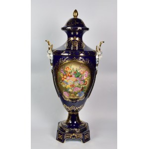 Dmitrov Porcelain Factory (formerly F. GARDNER), (founded 1766), Cobalt amphora with lid, with two compositions of garden flowers in the reserves