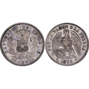 Chile 50 Centavos 1872 /0 So PCGS AU Pat Johnson Collection