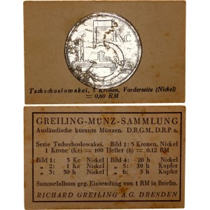 Czechoslovakia 5 Korun 1925 - 1927 (ND) German Collector's Coin Card