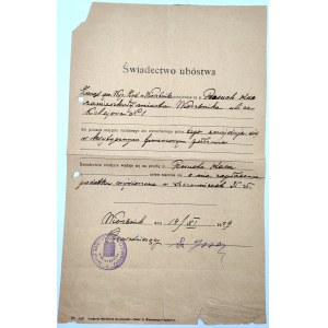Świadectwo Ubóstwa - Pieczęć Gminy Żydowskiej -1929 [ Wierzbnik / Starachowice]