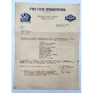 Fox Film Society - dopis vedení kina Rialto - Lublin [1936].