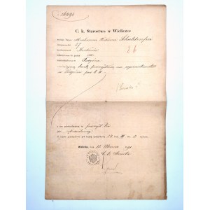 C.K. Wieliczka starosty - hodinář - průmyslová karta 1891 rok