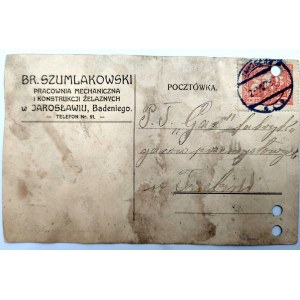Werbekarte von Br. Szumlakowski für P.T. Gaz- Industriegasfabrik [Trzebinia 1928].
