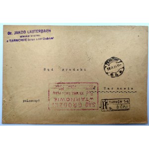 Obálka - doporučený dopis - soud Grodzki - známky, pečetě Tarnów