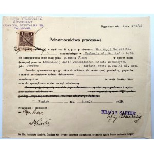 Pełnomocnictwo procesowe - sprawa Bracia Safier przeciw Komunalnej Kasie Oszczędnościowej m. Drohobycza - Kraków 1938