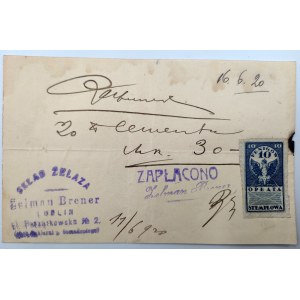 Receipt for payment - Zelman Brener Lublin - iron warehouse 1920