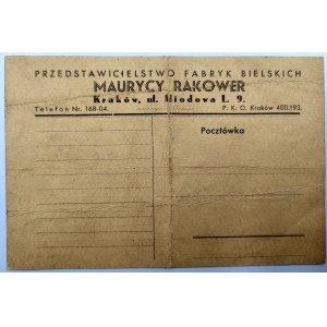 Postkarte - Maurycy Rakower - Vertreter der Bielski-Fabriken - Krakau 1938