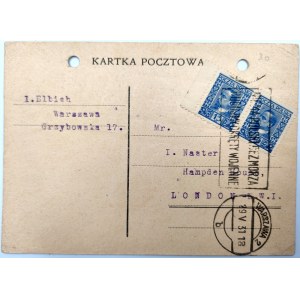 Karta pocztowa - do Londyn - stempel - BUDUJEMY OKRETY WOJENNE - Warszawa 1931