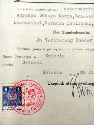 Dokument ślubu - miasto Świecie (niem. Schwetz) - 1938 rok Rzeczpospolita Polska Województwo Pomorskie